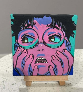 Set of 6 Dandadan Anime Paintings on Canvas 4" x 4" with Mini Easels : Okarun Momo Jiji Grandma Turbo Granny Aira