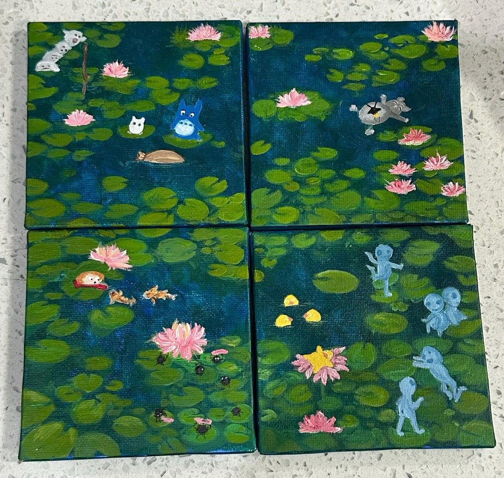Studio Ghibli Anime Set of 4 Pond Collage Painting on Canvas 4" x 4" with Mini Easels