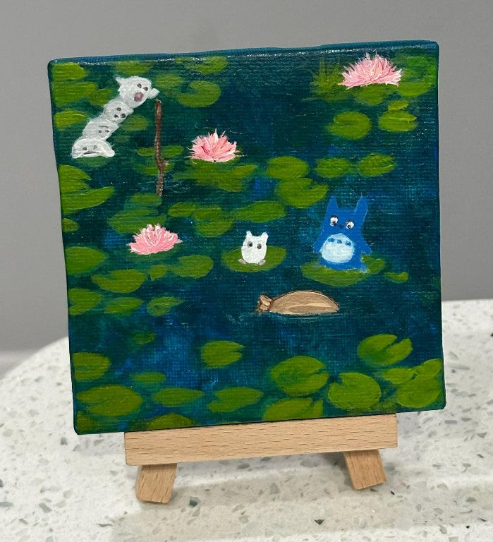 Studio Ghibli Anime Set of 4 Pond Collage Painting on Canvas 4" x 4" with Mini Easels