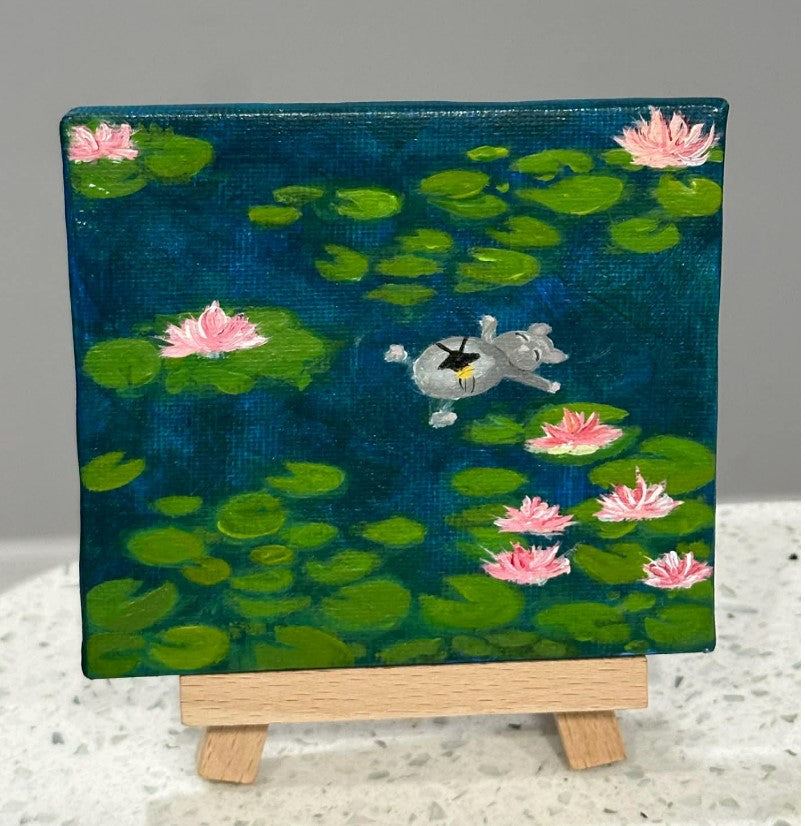Studio Ghibli Anime Set of 4 Pond Collage Painting on Canvas 4" x 4" with Mini Easels