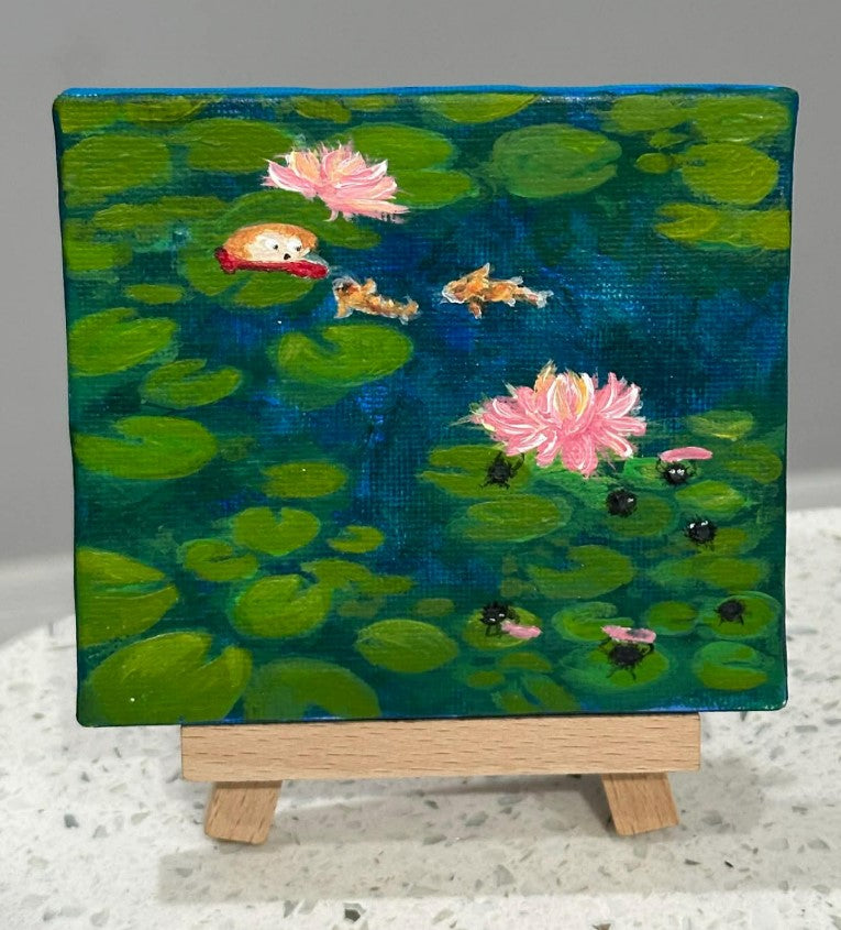Studio Ghibli Anime Set of 4 Pond Collage Painting on Canvas 4" x 4" with Mini Easels