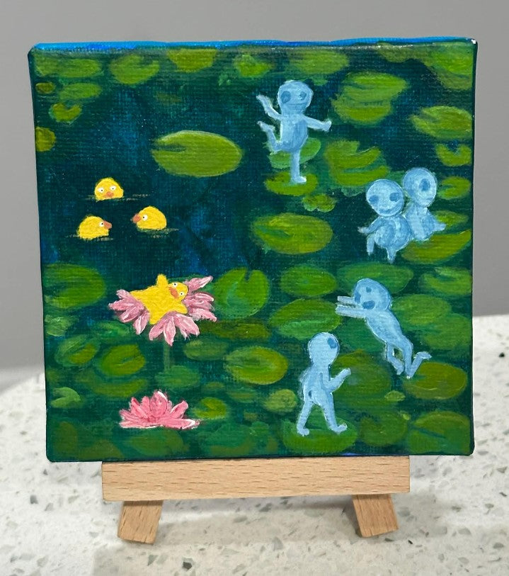 Studio Ghibli Anime Set of 4 Pond Collage Painting on Canvas 4" x 4" with Mini Easels