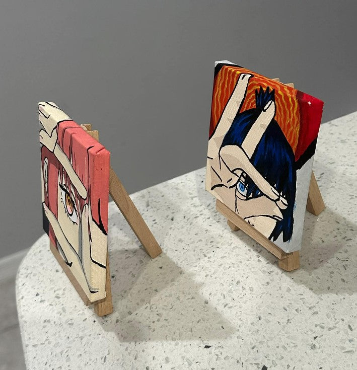 Chainsaw Man Set of 2 Anime Painting on Canvas 4" x 4" with Mini Easels