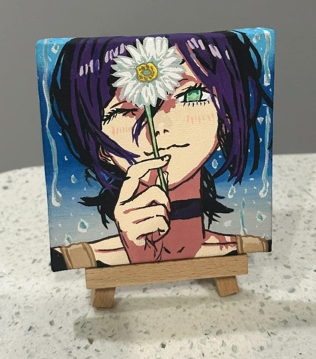 Chainsaw Man Anime Reze Flower Painting on Canvas 4" x 4" with Mini Easel