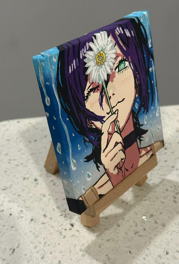 Chainsaw Man Anime Reze Flower Painting on Canvas 4" x 4" with Mini Easel