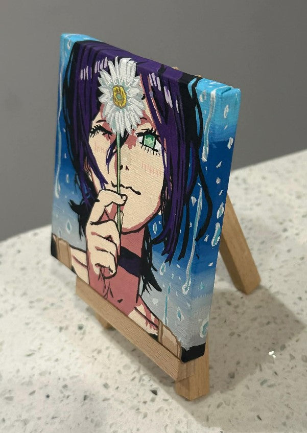 Chainsaw Man Anime Reze Flower Painting on Canvas 4" x 4" with Mini Easel