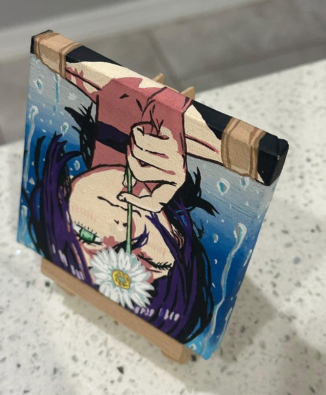 Chainsaw Man Anime Reze Flower Painting on Canvas 4" x 4" with Mini Easel