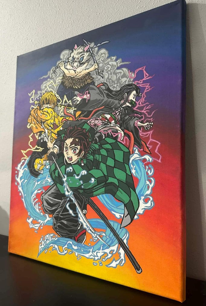 Demon Slayer Anime Painting on Canvas 16" x 20" Tanjiro Nezuko Zenitsu & Inosuke