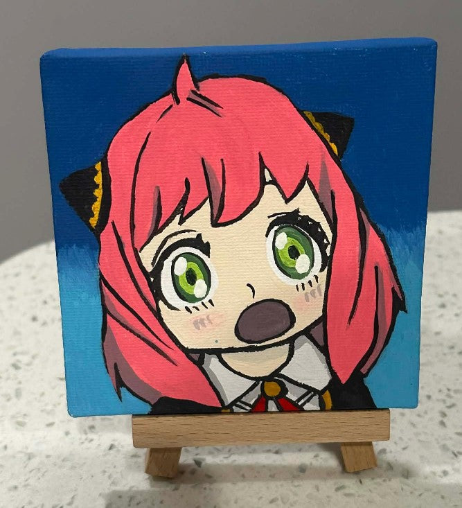 Spy x Family Anime Anya Forger Painting on Canvas 4" x 4" with Mini Easel