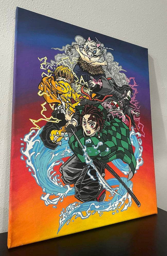 Demon Slayer Anime Painting on Canvas 16" x 20" Tanjiro Nezuko Zenitsu & Inosuke