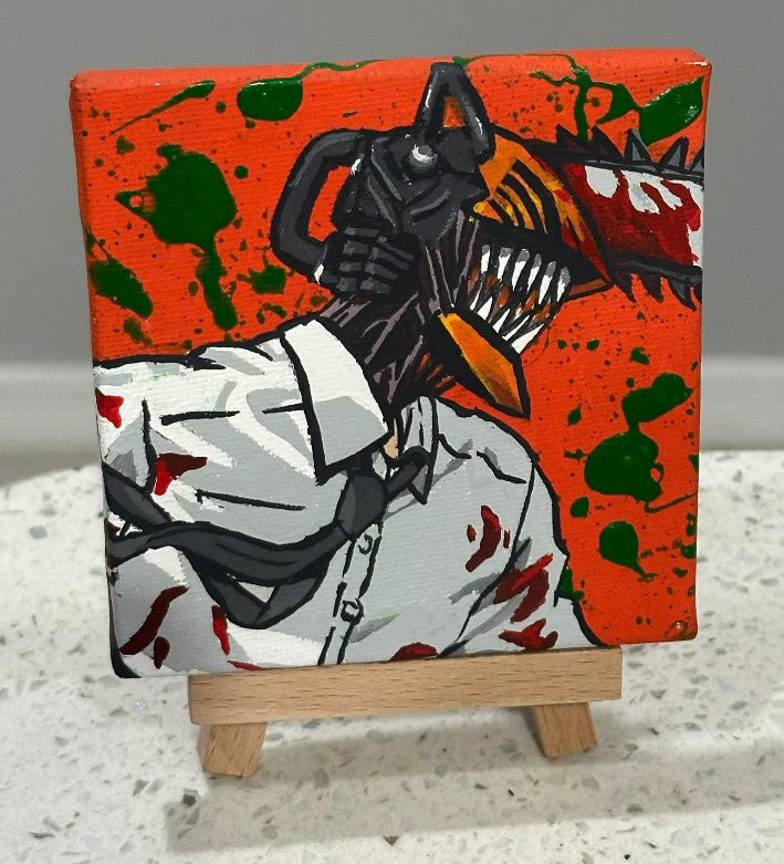 Chainsaw Man Anime Denji Blacklight Painting on Canvas 4" x 4" with Mini Easel