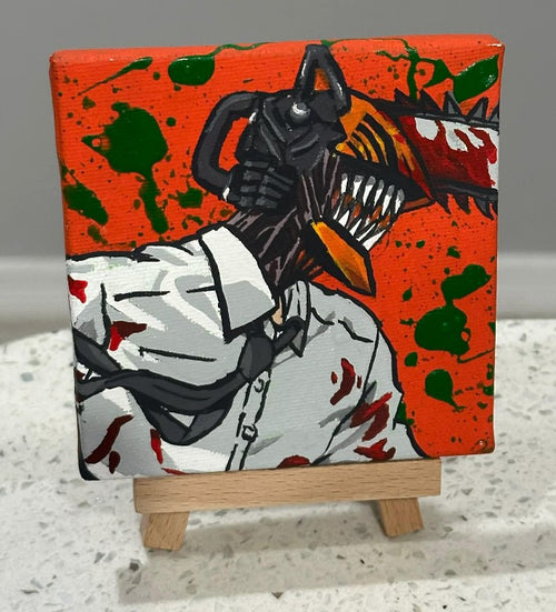Chainsaw Man Anime Denji Blacklight Painting on Canvas 4" x 4" with Mini Easel