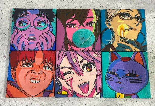 Set of 6 Dandadan Anime Paintings on Canvas 4" x 4" with Mini Easels : Okarun Momo Jiji Grandma Turbo Granny Aira