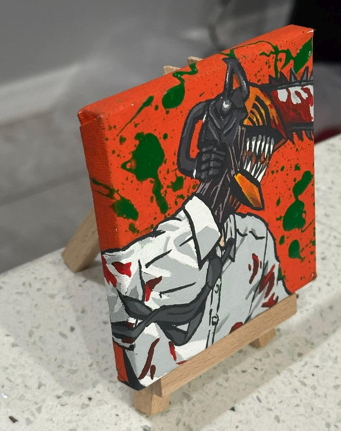 Chainsaw Man Anime Denji Blacklight Painting on Canvas 4" x 4" with Mini Easel
