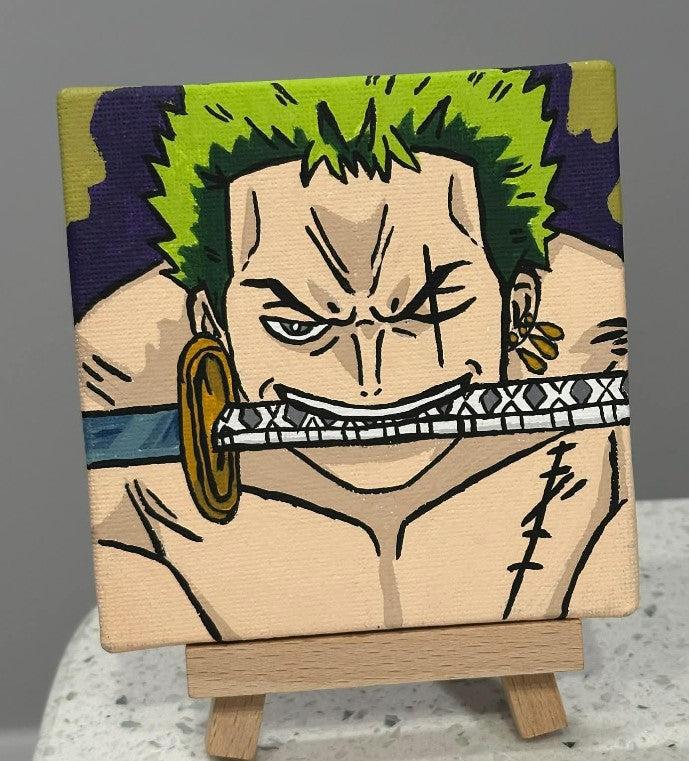 One Piece Roronoa Zoro Painting on Canvas 4" x 4" with Mini Easel