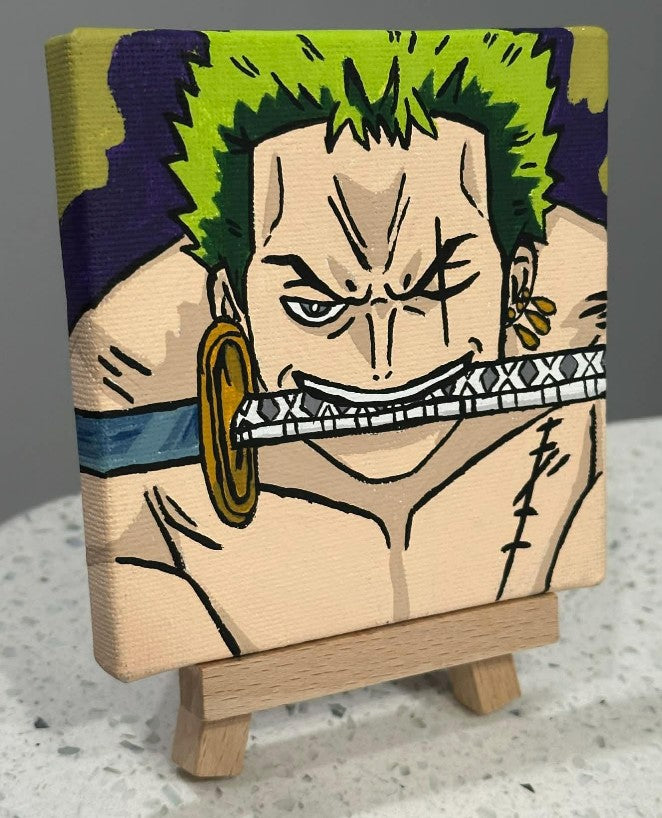 One Piece Roronoa Zoro Painting on Canvas 4" x 4" with Mini Easel