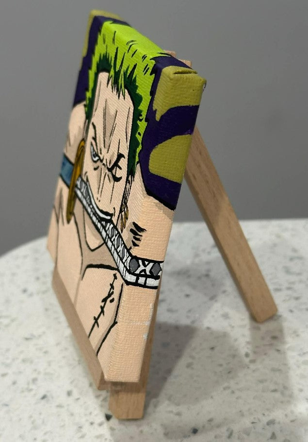 One Piece Roronoa Zoro Painting on Canvas 4" x 4" with Mini Easel
